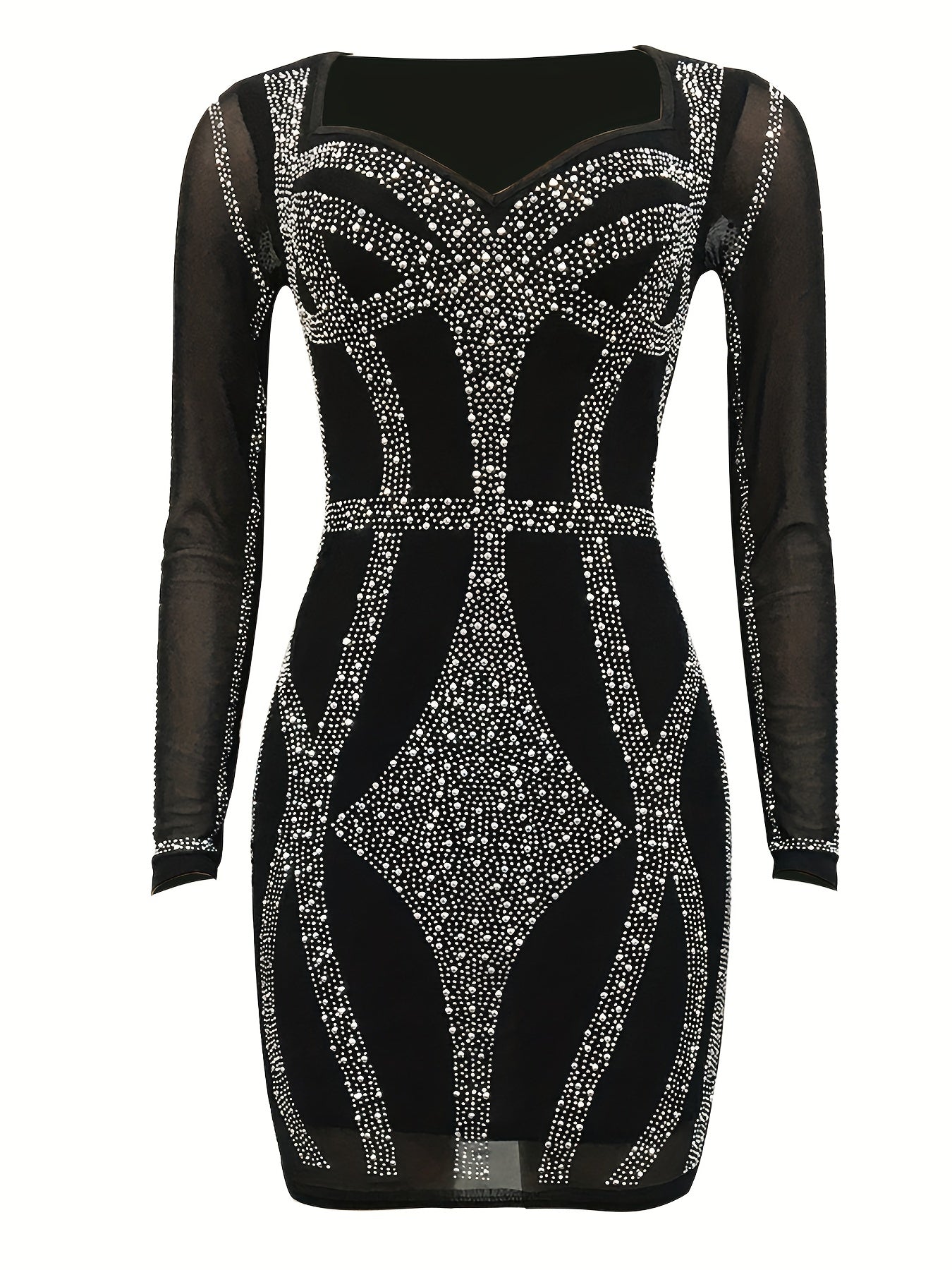 Rhinestone Sweetheart Neck Bodycon Dress, Sexy Mesh Long Sleeve Dress For Spring & Summer, Women&