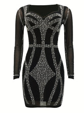 Rhinestone Sweetheart Neck Bodycon Dress, Sexy Mesh Long Sleeve Dress For Spring & Summer, Women&