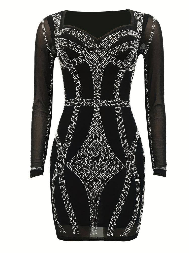 Rhinestone Sweetheart Neck Bodycon Dress, Sexy Mesh Long Sleeve Dress For Spring & Summer, Women&
