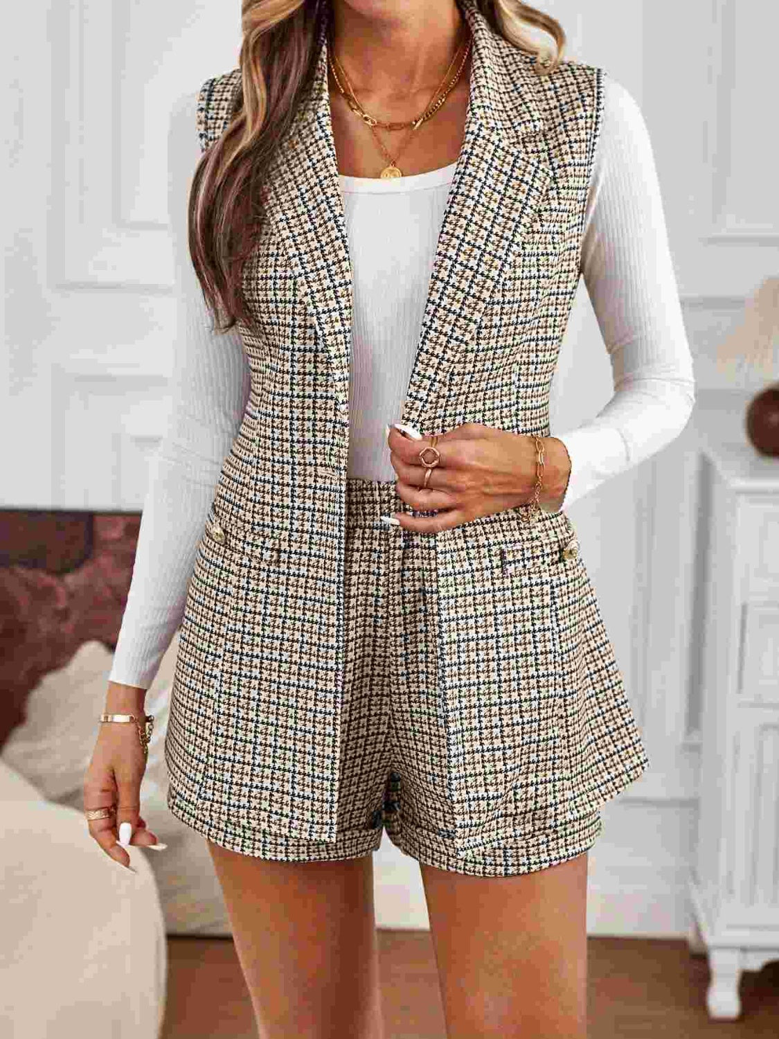 Tied Plaid Collared Neck Vest and Shorts Set - MyEmpired