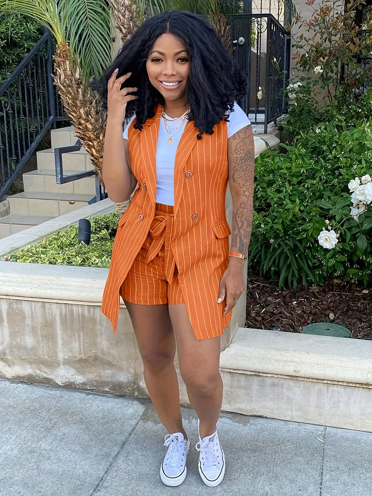 Elegant Striped Print Two Pieces, Double-Breasted Lapel Collar Sleeve Vest & Paper Bag Waist Belted Shorts Outfits, Women&