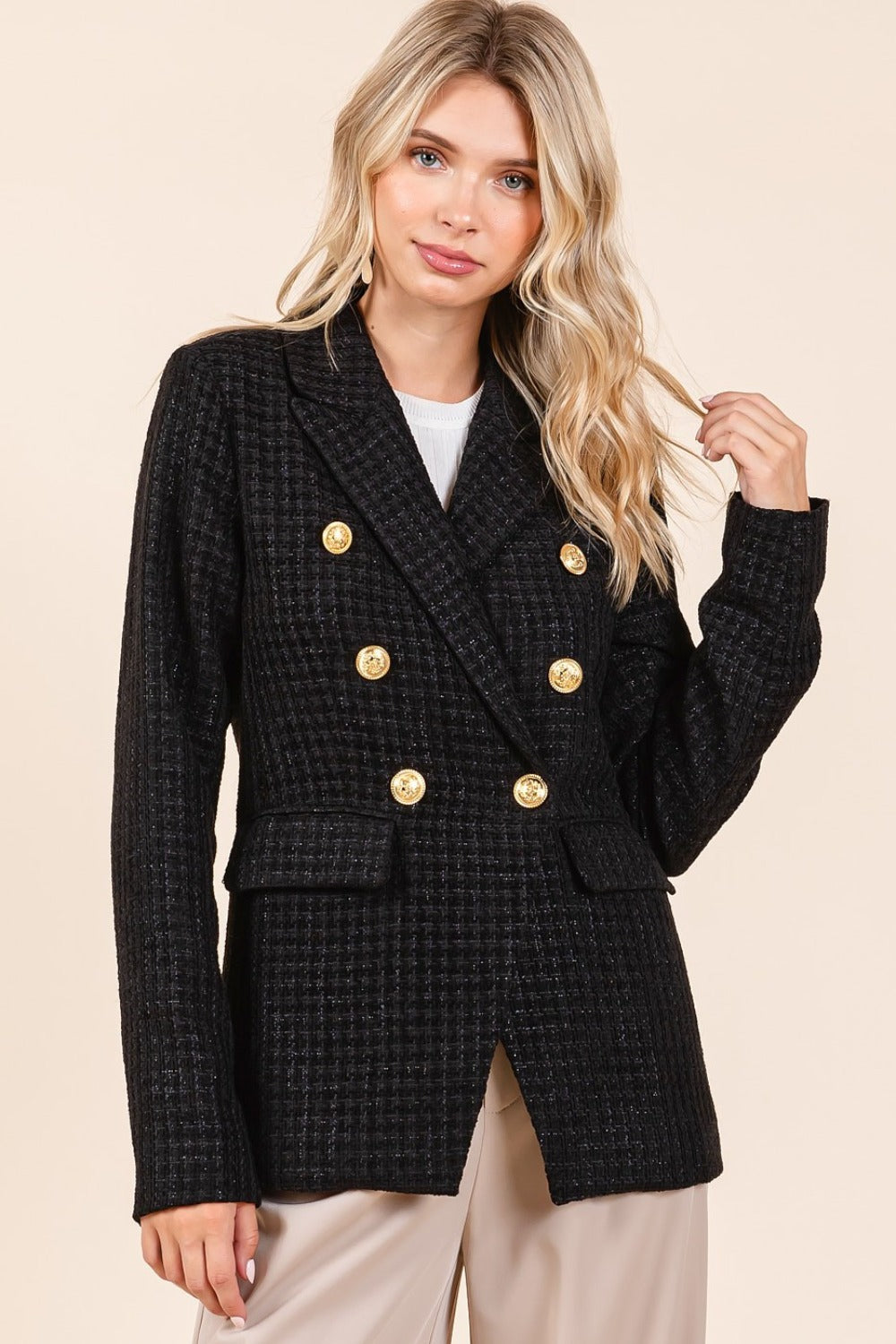 Mittoshop Plaid Texture Double-Breasted Long Sleeve Blazer - MyEmpired