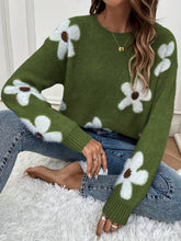 Floral Pattern Crew Neck Sweater, Casual Long Sleeve Sweater For Fall & Winter, Women&