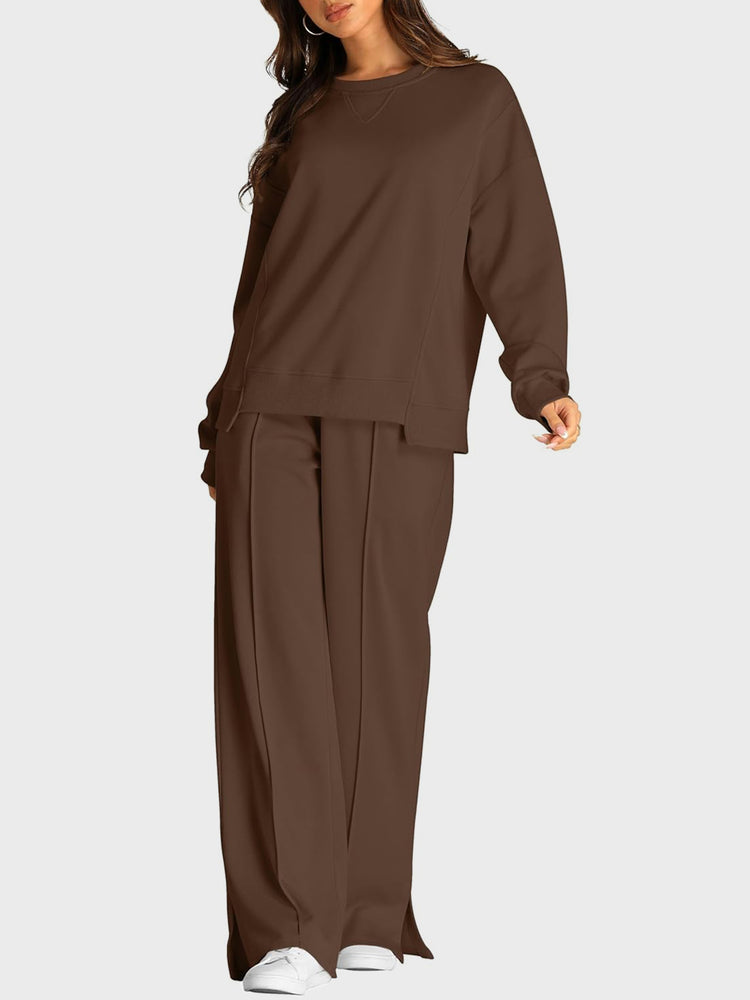 Round Neck Long Sleeve Top and Slit Pants Set - MyEmpired