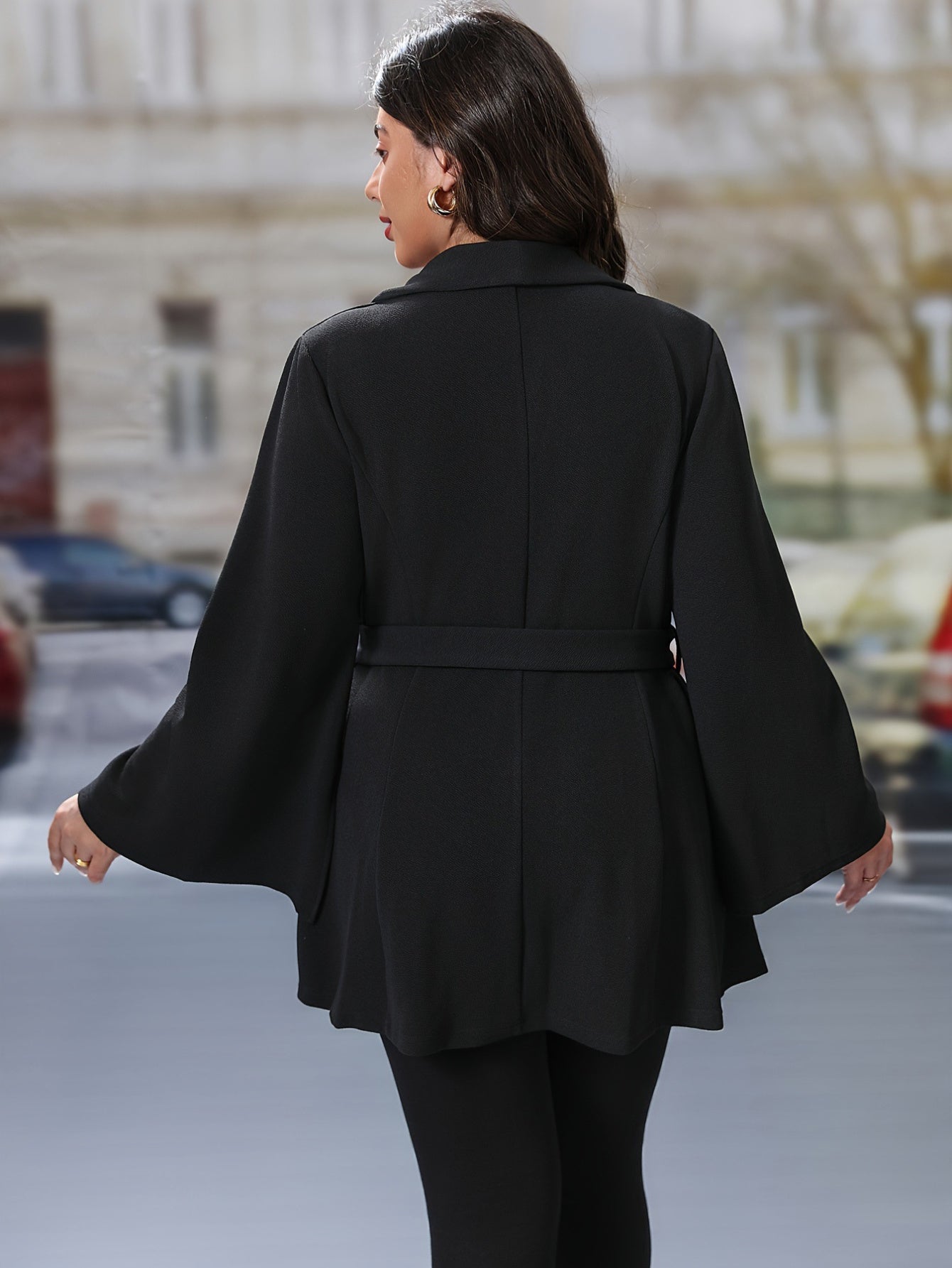 1pc Elegant Solid Color Polyester Shawl Collar Long Sleeve Open Front Coat with Belt Detail and Flare Sleeves for Women - Non-Stretch Woven Fabric, All-Season Fashion Outerwear - MyEmpired