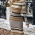Striped Pattern Lettuce Trim Slim Dress, Elegant Mock Neck Long Sleeve Sweater Dress For Fall, Women&