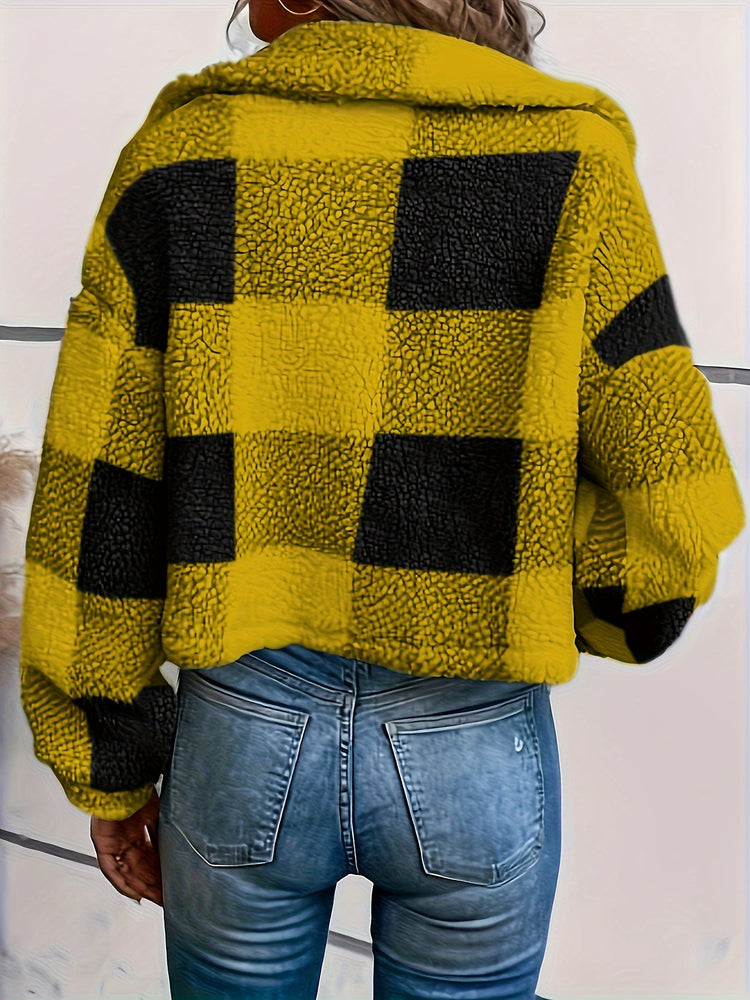 Plaid Teddy Coat, Casual Button Front Long Sleeve Winter Warm Outerwear, Women&