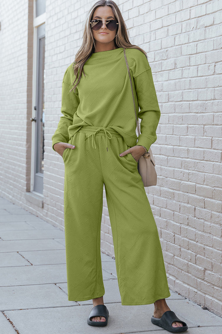 Double Take Full Size Textured Long Sleeve Top and Drawstring Pants Set - MyEmpired