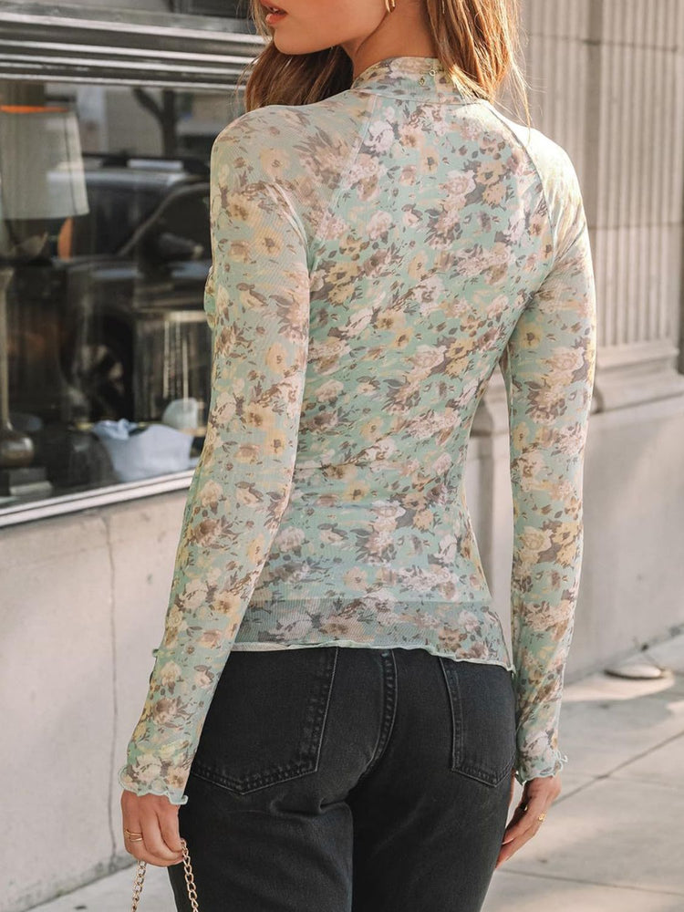 Floral Mock Neck Long Sleeve T-Shirt - MyEmpired