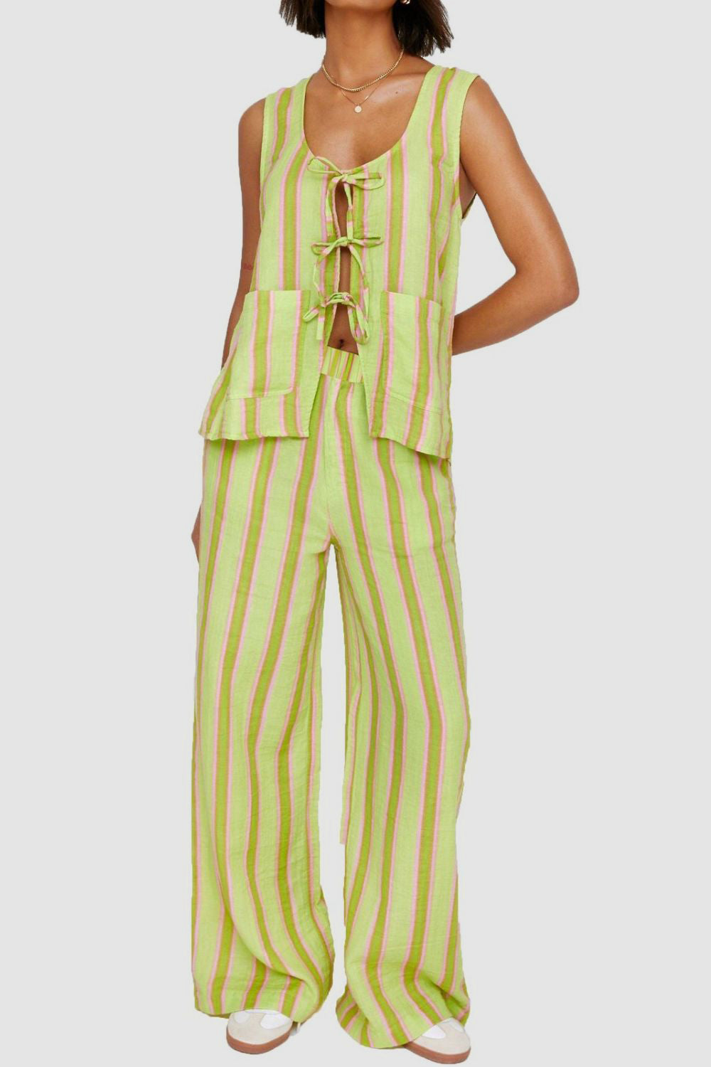 Tied Front Striped Top and Pants Set - MyEmpired