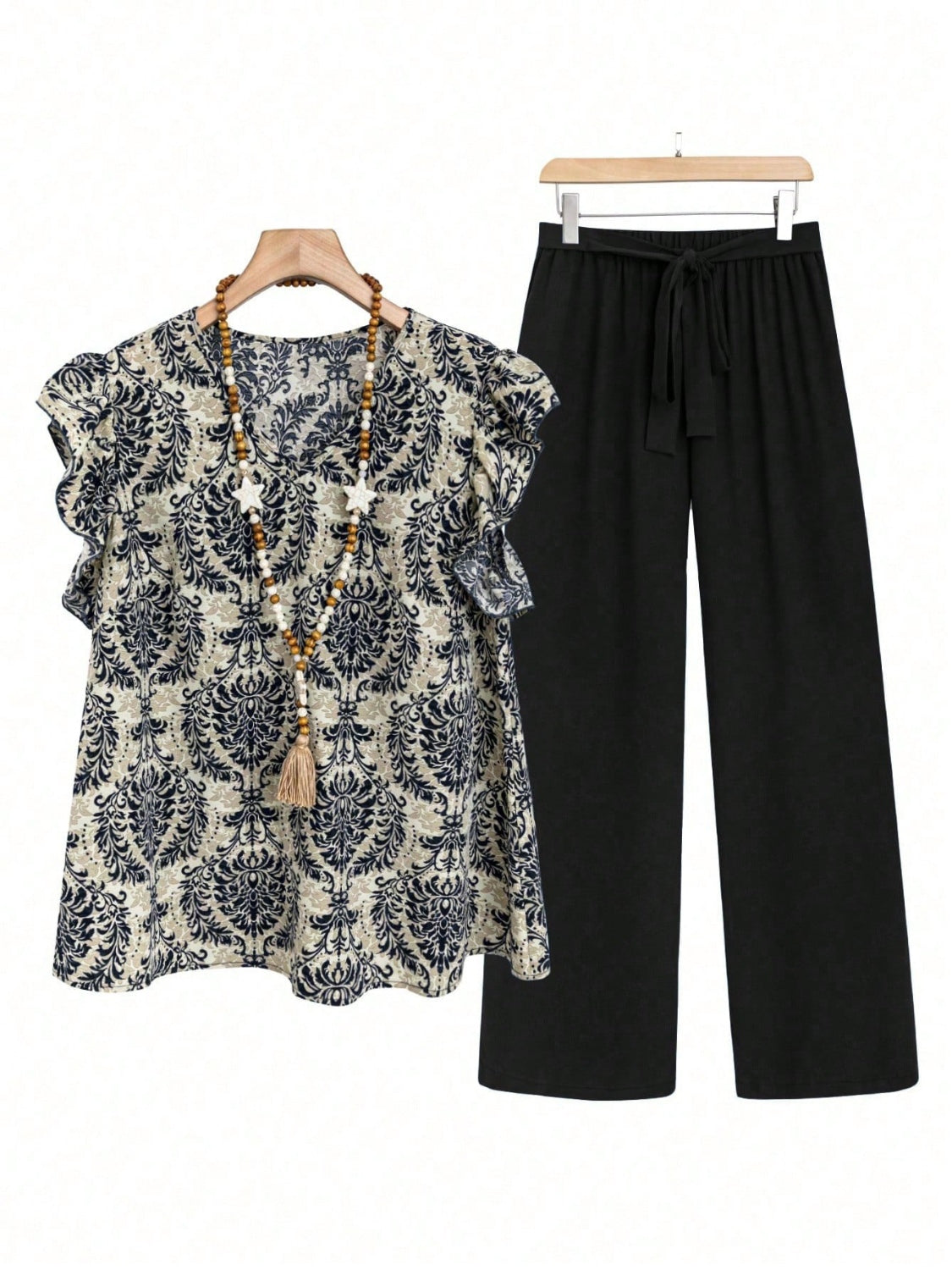Printed Ruffled Cap Sleeve Top and Pants Set - MyEmpired