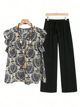 Printed Ruffled Cap Sleeve Top and Pants Set - MyEmpired