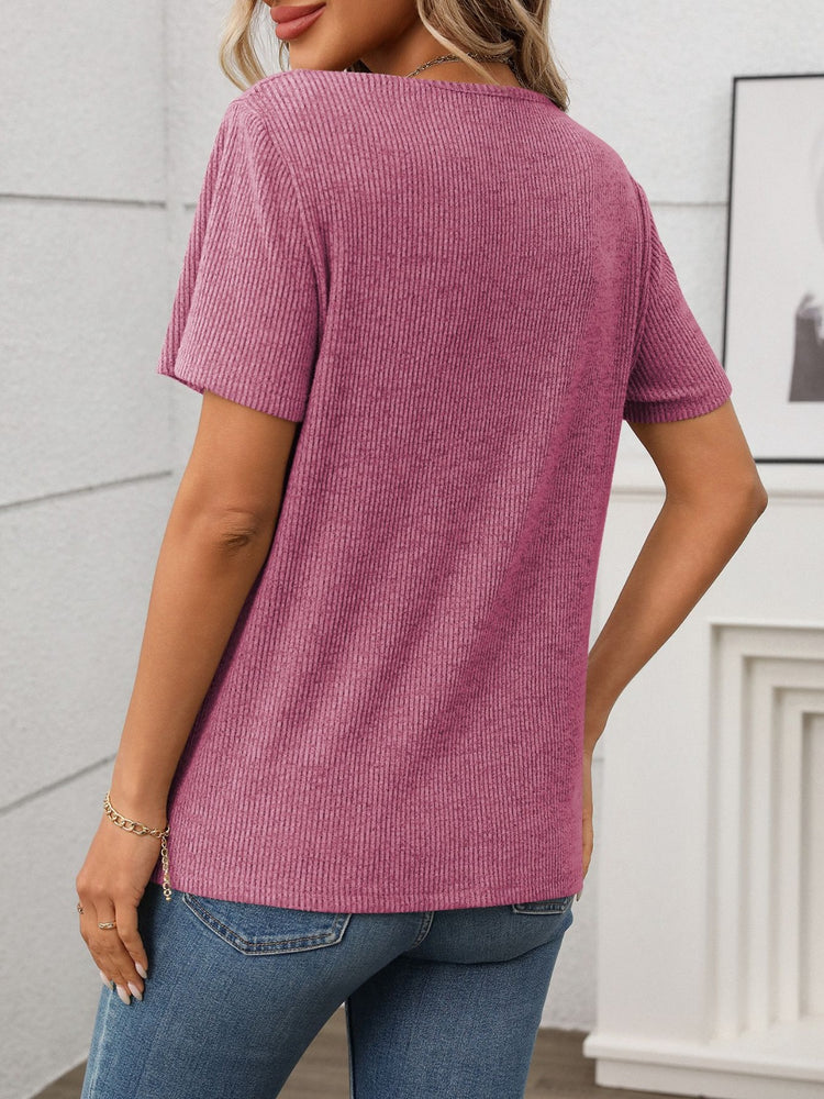 Ribbed V-Neck Short Sleeve T-Shirt - MyEmpired