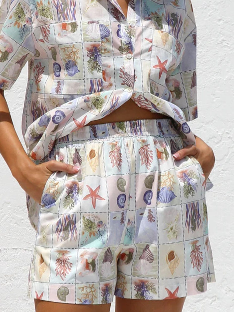 Printed Button Down Short Sleeve Top and Shorts Set - MyEmpired