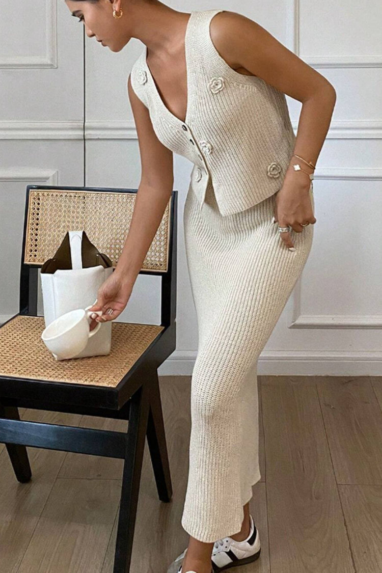 Flower V-Neck Vest and Skirt Sweater Set - MyEmpired