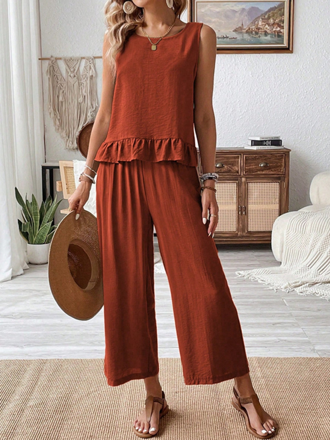 Ruffled Round Neck Top and Wide Leg Pants Set - MyEmpired