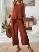 Ruffled Round Neck Top and Wide Leg Pants Set - MyEmpired