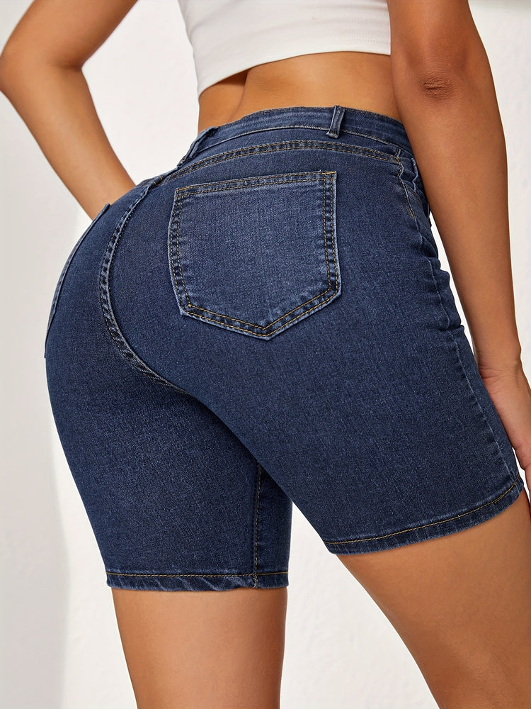 Plain Washed Blue Whiskering Denim Shorts, Slash Pocket Stretchy Denim Shorts, Women&
