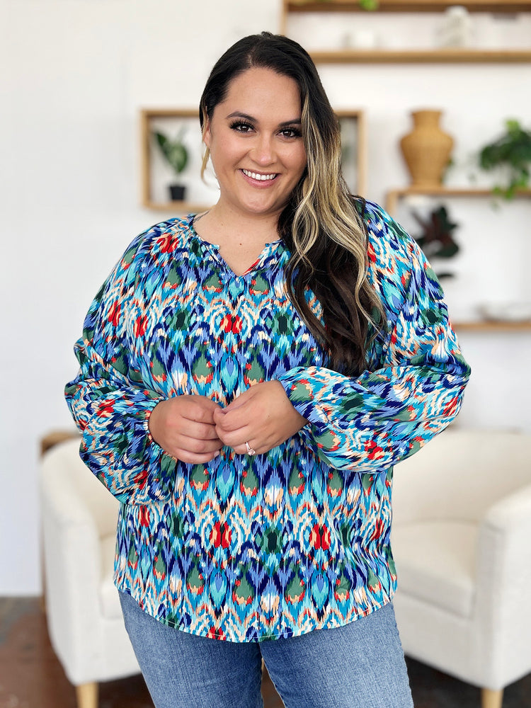 Double Take Full Size Printed Balloon Sleeve Blouse - MyEmpired