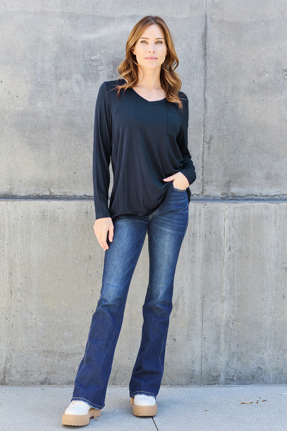 Basic Bae Full Size V-Neck Long Sleeve Top - MyEmpired