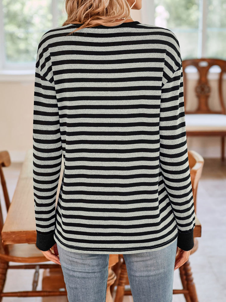 Lovelet Striped Round Neck Long Sleeve T-Shirt - MyEmpired
