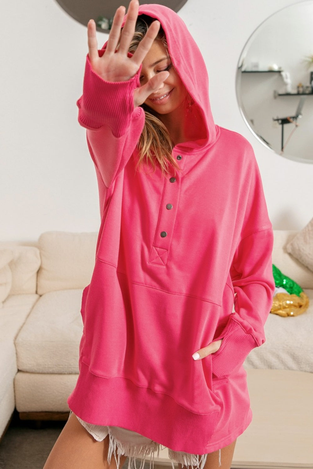 BiBi Half Snap Thumbhole Long Sleeve Hoodie - MyEmpired