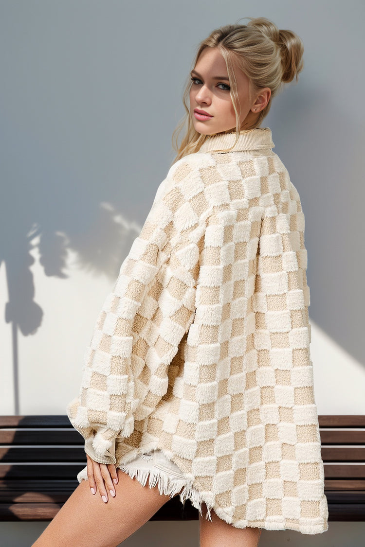 Double Take Button Up Fuzzy Checkered Shacket - MyEmpired