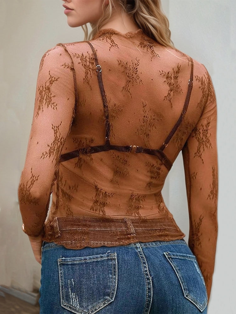 Floral Mock Neck Long Sleeve Mesh Top - MyEmpired