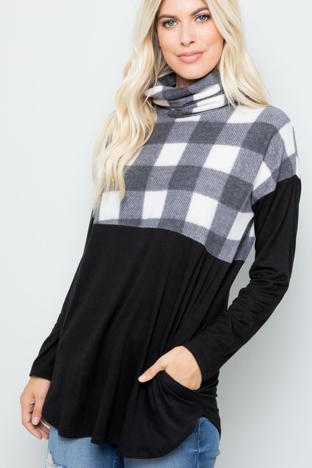 Celeste Full Size Pocketed Plaid Turtleneck Long Sleeve Blouse - MyEmpired