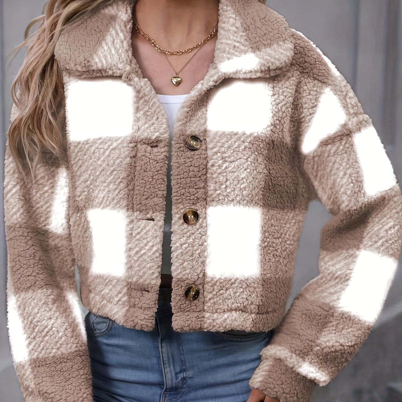 Plaid Teddy Coat, Casual Button Front Long Sleeve Winter Warm Outerwear, Women&