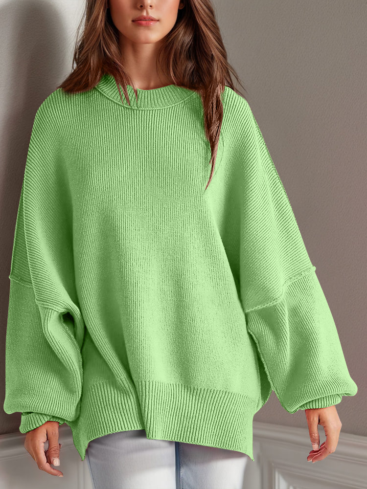 Double Take Side Slit Round Neck Long Sleeve Sweater - MyEmpired