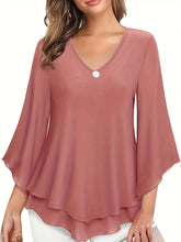 Solid Color V-neck Blouse, Casual Flare Sleeve Layered Hem Top For Spring & Fall, Women&