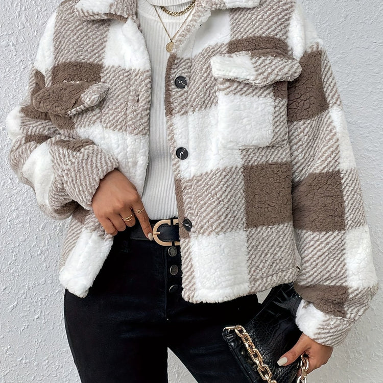 Plaid Pattern Button Front Fuzzy Coat, Casual Long Sleeve Warm Outerwear For Fall & Winter, Women&