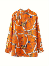 Graphic Print Button Front Shirt, Casual Long Sleeve Shirt For Spring, Women&