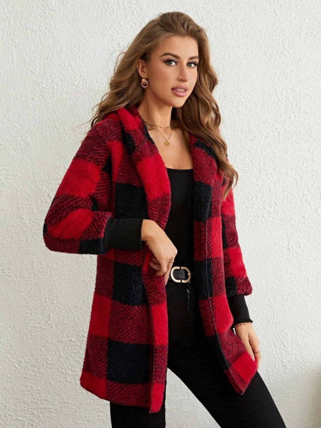 Plaid Long Sleeve Hooded Coat - MyEmpired