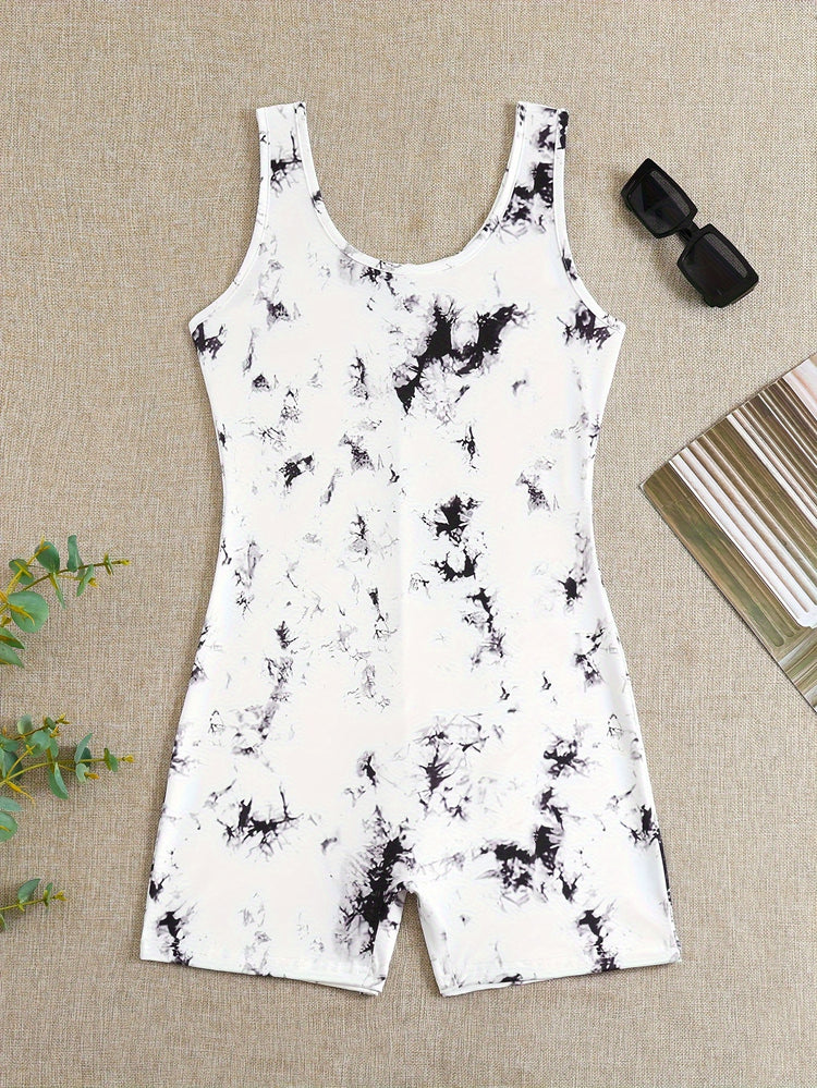 Tie Dye Print Pajama Romper, Round Neck Sleeveless Slim Fit Tank Romper, Women&