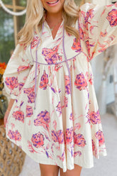 Tied Flower Printed Three-Quarter Sleeve Dress - MyEmpired
