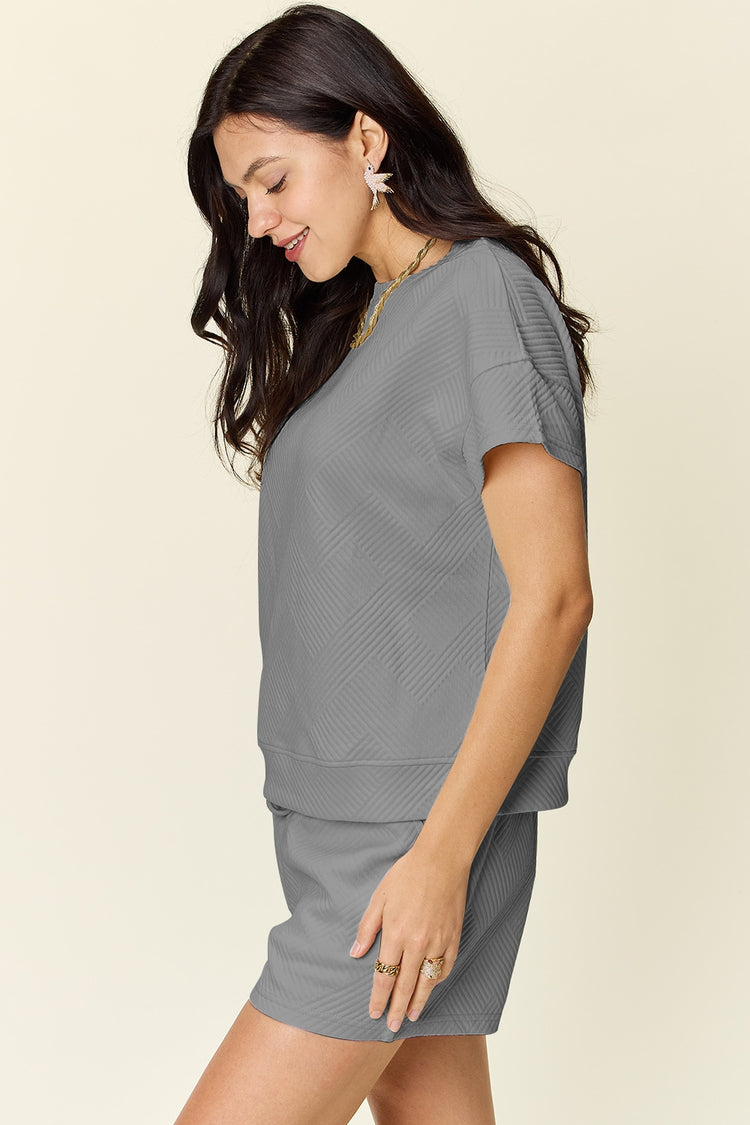 Double Take Full Size Texture Short Sleeve T-Shirt and Drawstring Shorts Set - MyEmpired