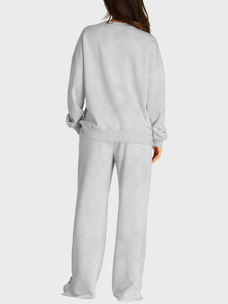 Round Neck Long Sleeve Top and Slit Pants Set - MyEmpired
