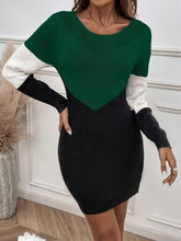 Color Block Open Knit Slim Dress, Stylish Crew Neck Long Sleeve Above Knee Sweater Dress, Women&
