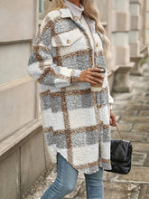 Plaid Pattern Button Front Fuzzy Jacket, Casual Thermal Long Sleeve Long Length Collar Coat For Fall & Winter, Women&