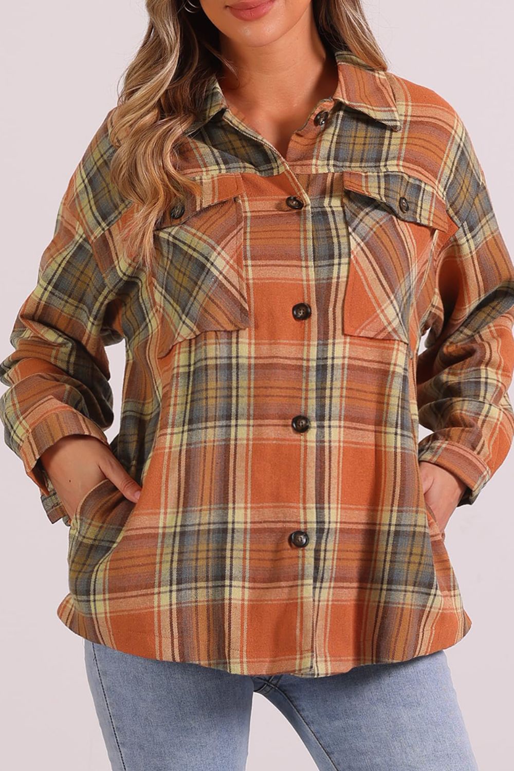 Plaid Collared Neck Long Sleeve Shirt with Chest Pockets - MyEmpired