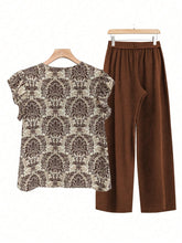 Printed Ruffled Cap Sleeve Top and Pants Set - MyEmpired