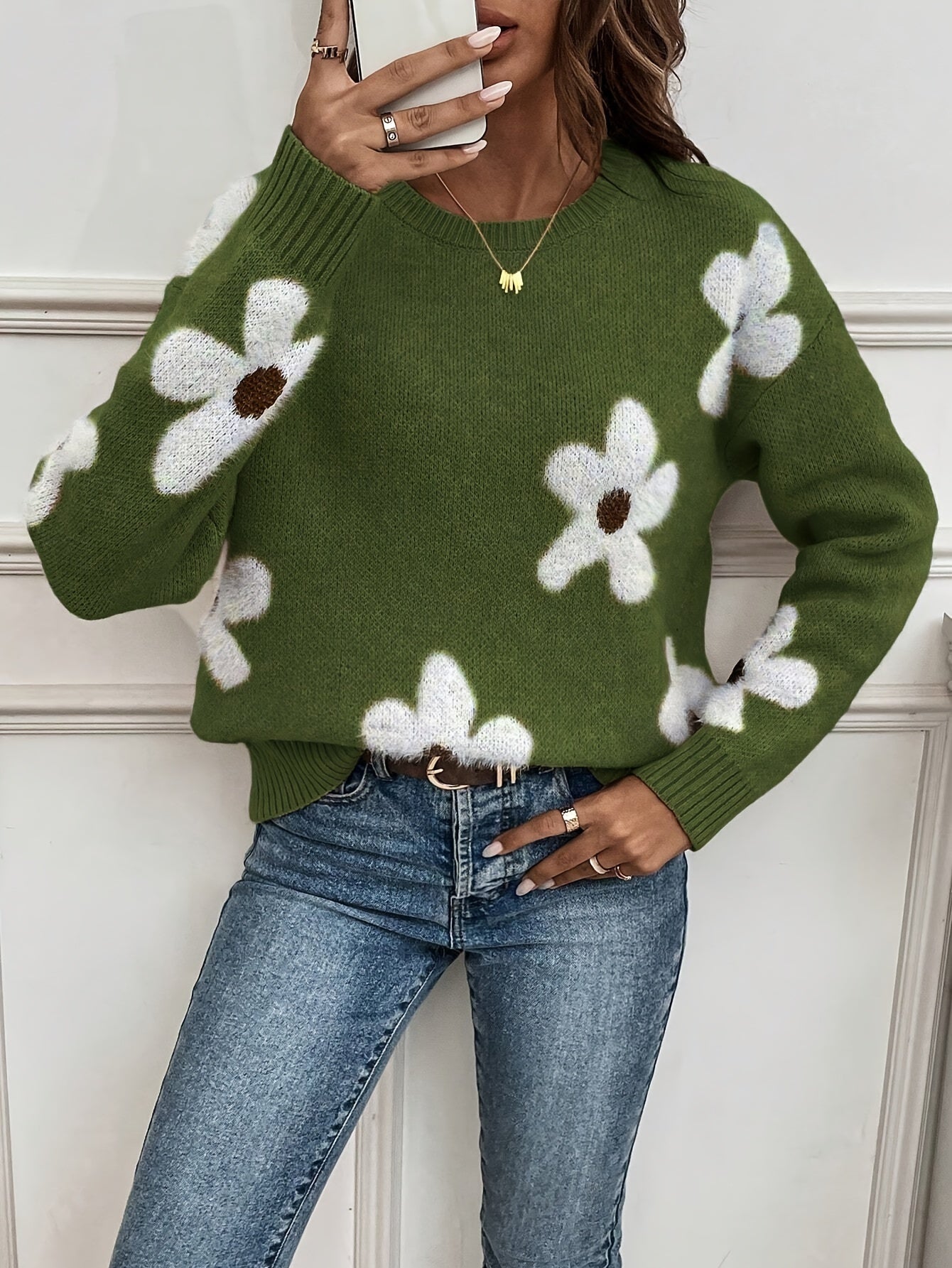 Floral Pattern Crew Neck Sweater, Casual Long Sleeve Sweater For Fall & Winter, Women&