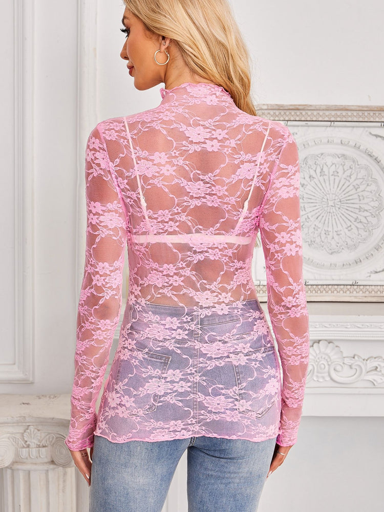 Mock Neck Long Sleeve Lace Sheer Top - MyEmpired