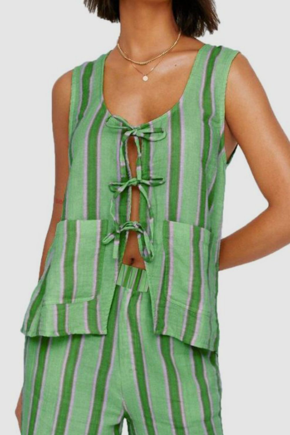 Tied Front Striped Top and Pants Set - MyEmpired