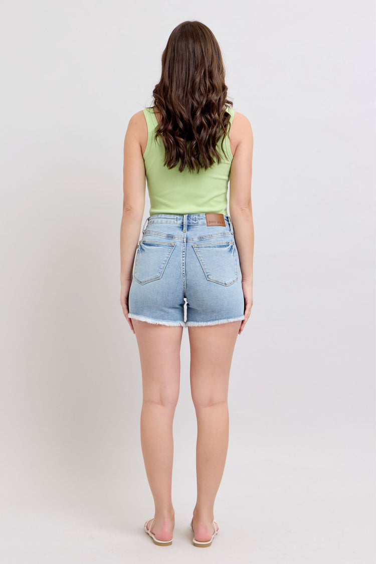 Judy Blue Full Size Tummy Control Raw Hem Denim Shorts Plus Size - MyEmpired