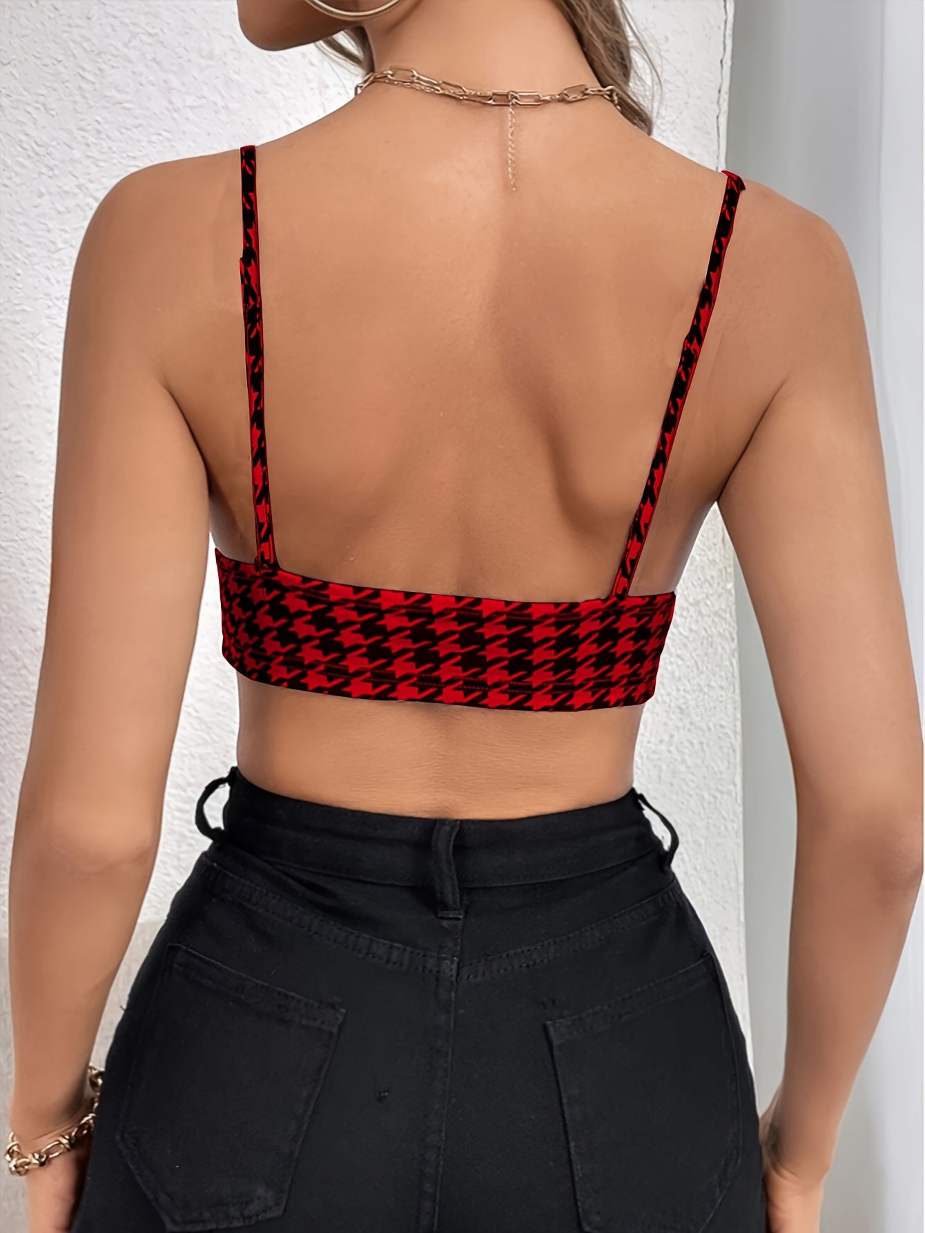 Houndstooth Print V Neck Cami Top, Sexy Backless Slim Sleeveless Spaghetti Strap Crop Top, Women&