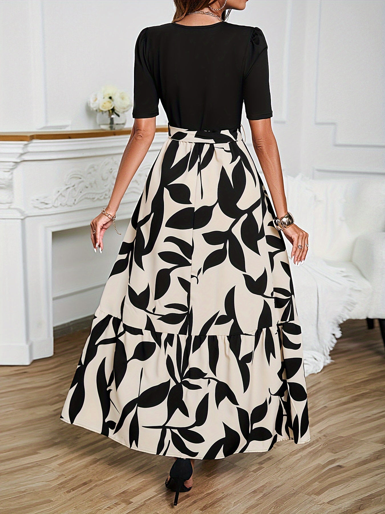 Plant Print Belted Splicing Dress, Elegant Crew Neck Short Sleeve Dress For Spring & Summer, Women&
