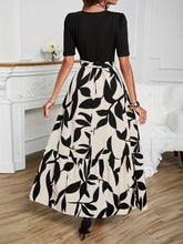 Plant Print Belted Splicing Dress, Elegant Crew Neck Short Sleeve Dress For Spring & Summer, Women&